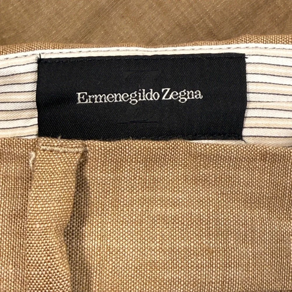 Ermenegildo Zegna Mens 40x30 Tan 100% Linen Pleated Cuffed Dress Pants Italy